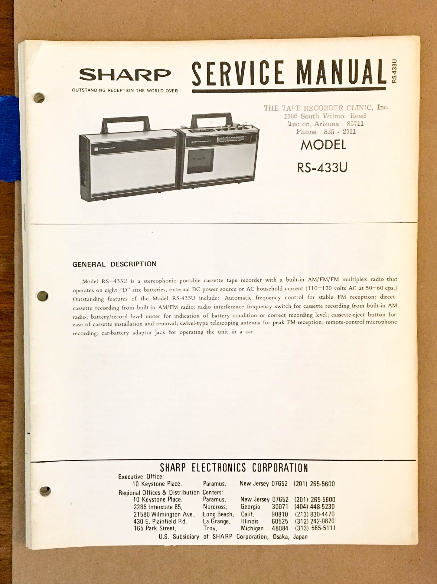 Sharp RS-433U Portable Tape Recorder  Service Manual *Original*