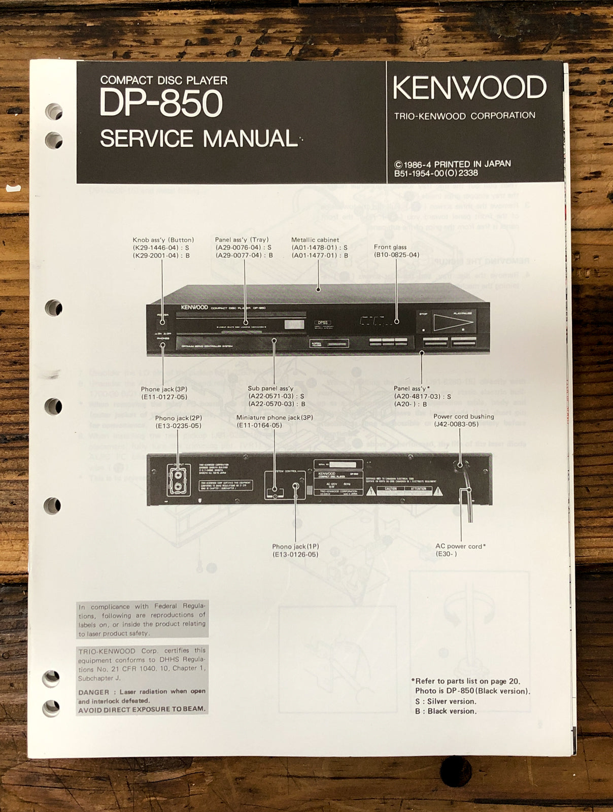 Kenwood DP-850 CD Player  Service Manual *Original*