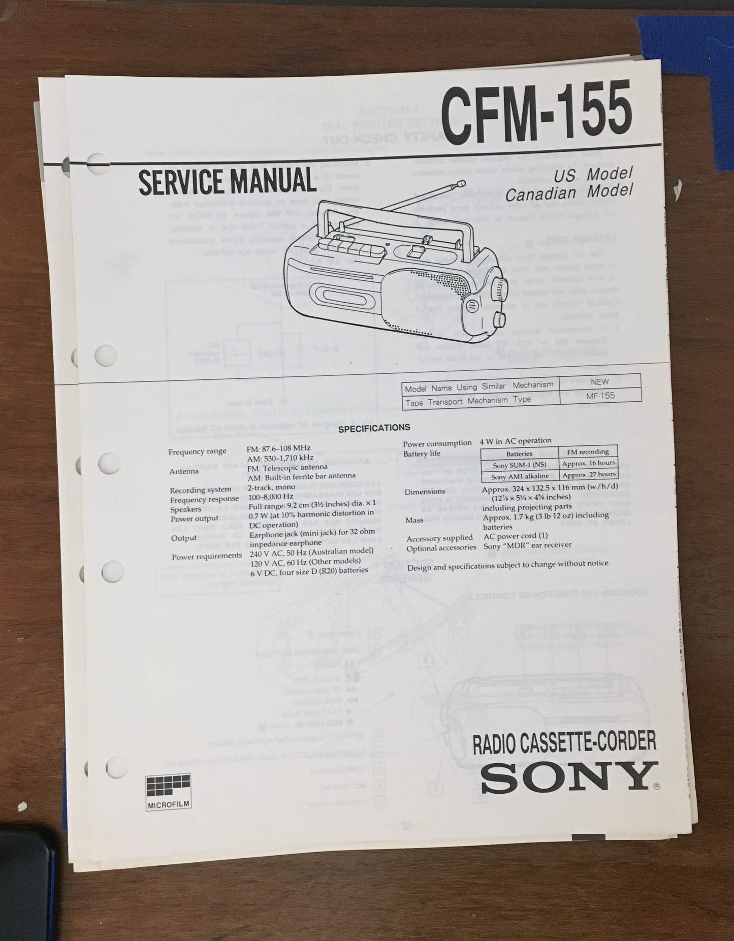 Sony CFM-155 Radio Cassette Recorder Service Manual *Original*