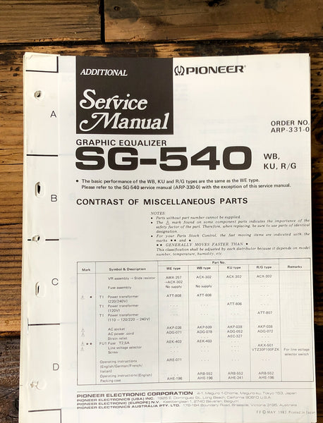 Pioneer SG-540 Equalizer Add. Service Manual *Original*