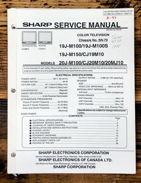 Sharp 19J-M100 M100S 20J-M100 TV Service Manual *Original*