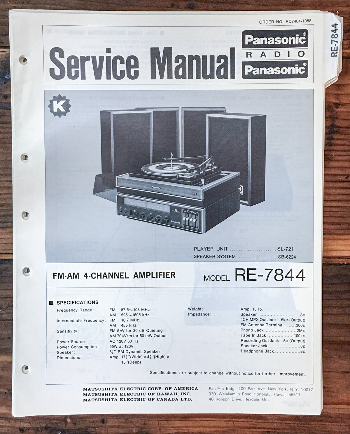 Panasonic RE-7844 Radio  Service Manual *Original*