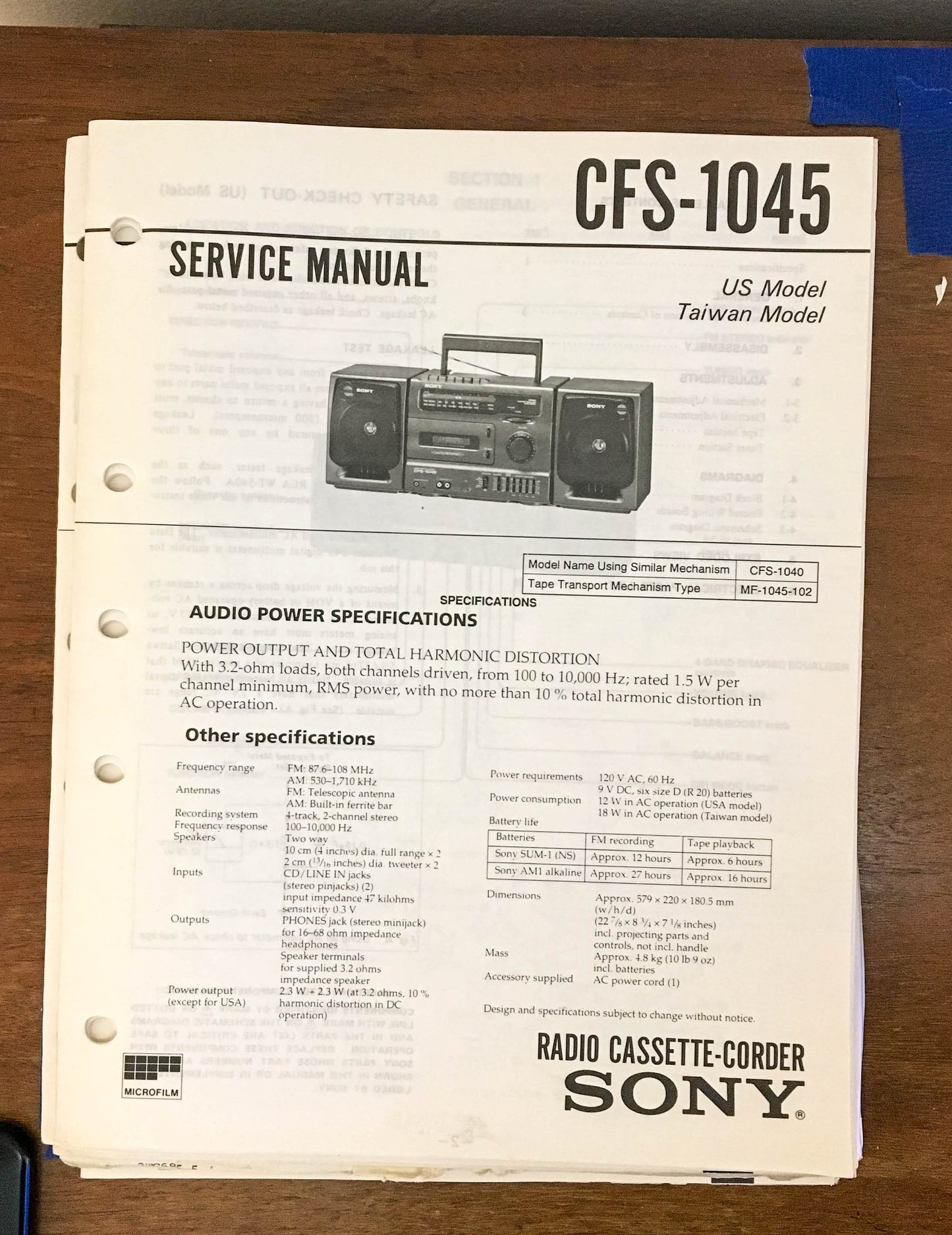 Sony CFS-1045 Radio Cassette Recorder / Boombox Service Manual *Original*