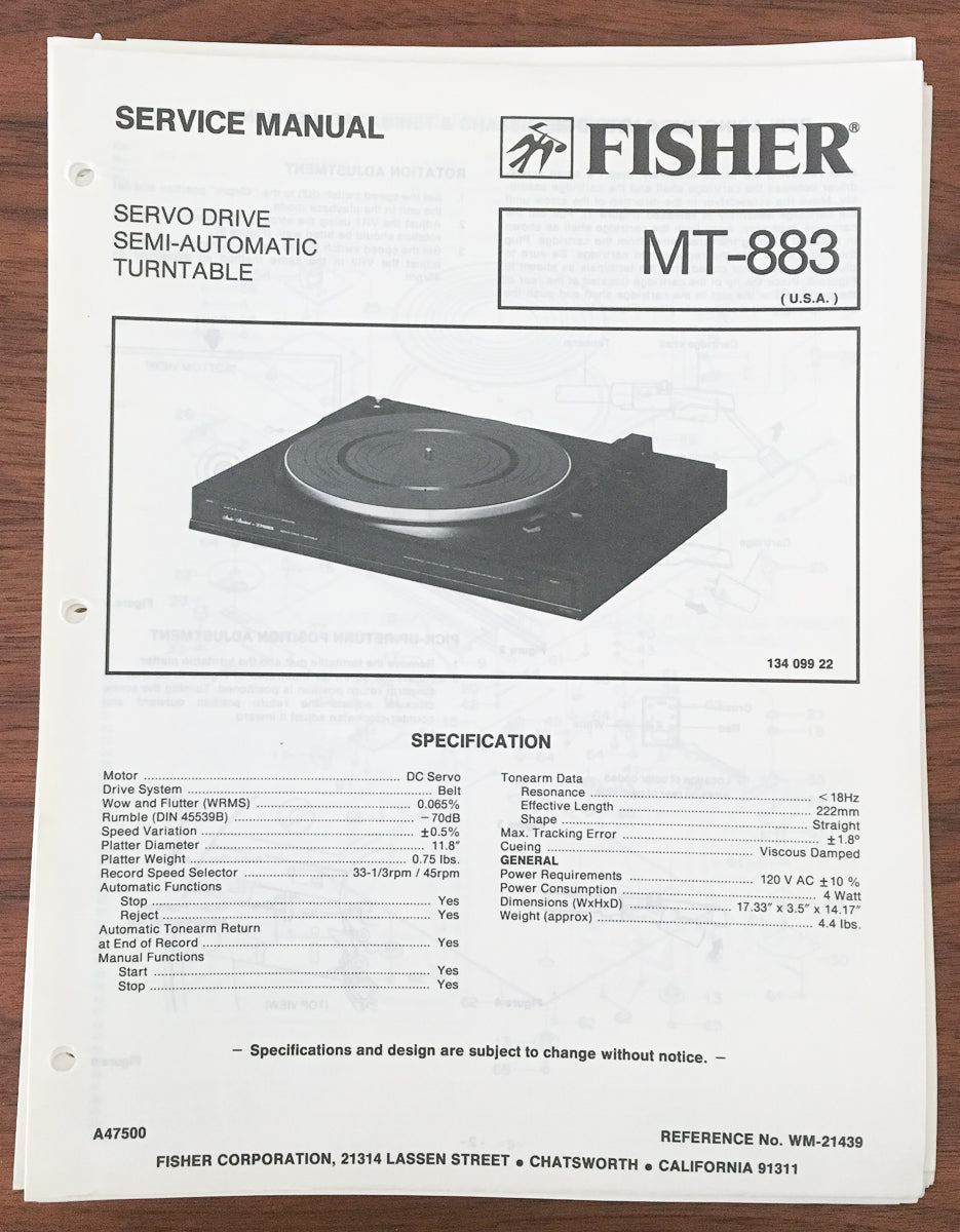 Fisher MT-883 Record Player / Turntable Service Manual *Original*