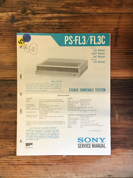 Sony PS-FL3 PS-FL3C Record Player / Turntable Service Manual *Original*