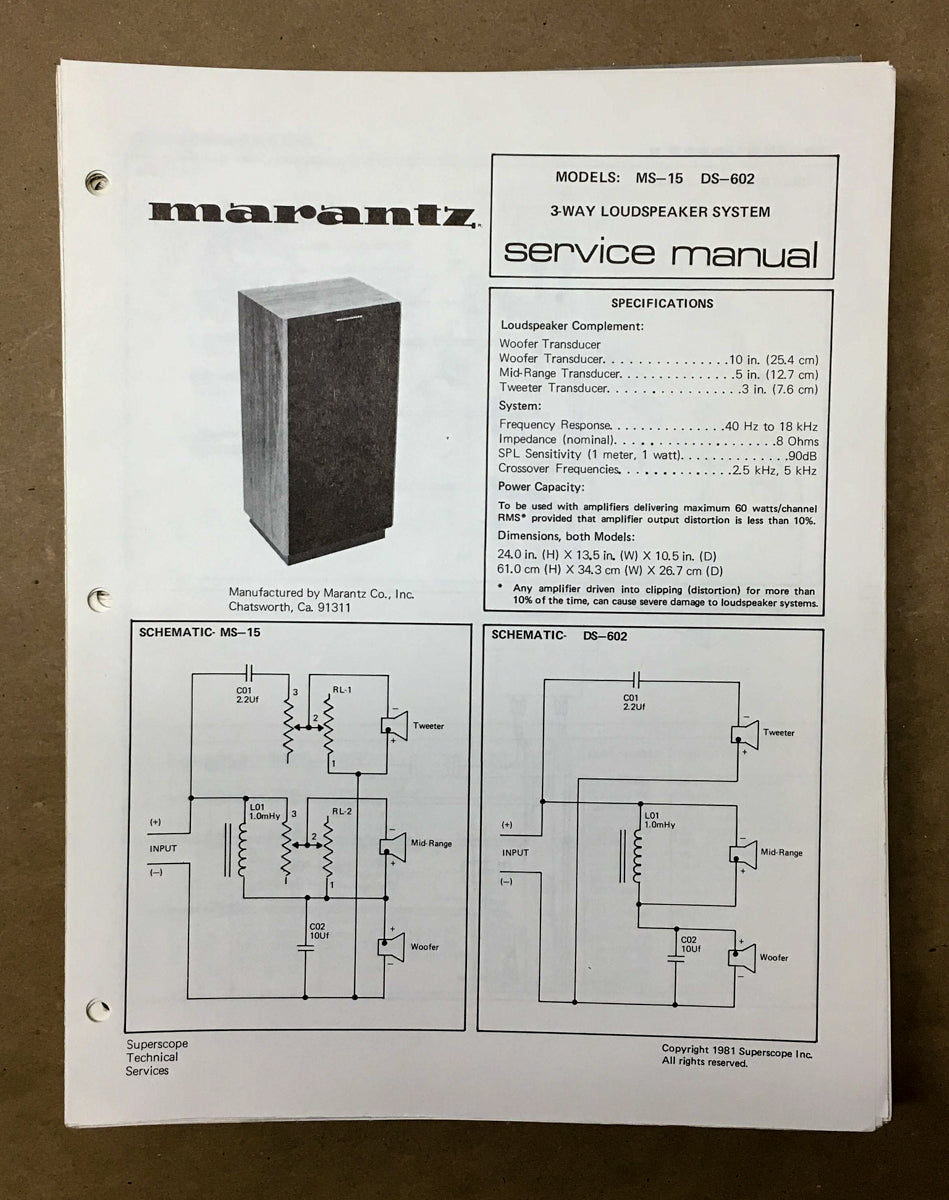Marantz MS-15 DS-602 Speaker Service Manual *Original*
