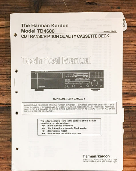 Harman Kardon TD4600 Cassette  Service Manual Supplement 1 *Original