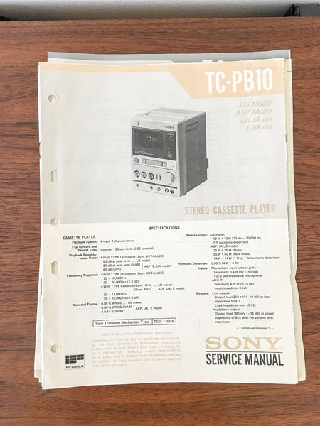 Sony TC-PB10 Cassette Service Manual *Original*