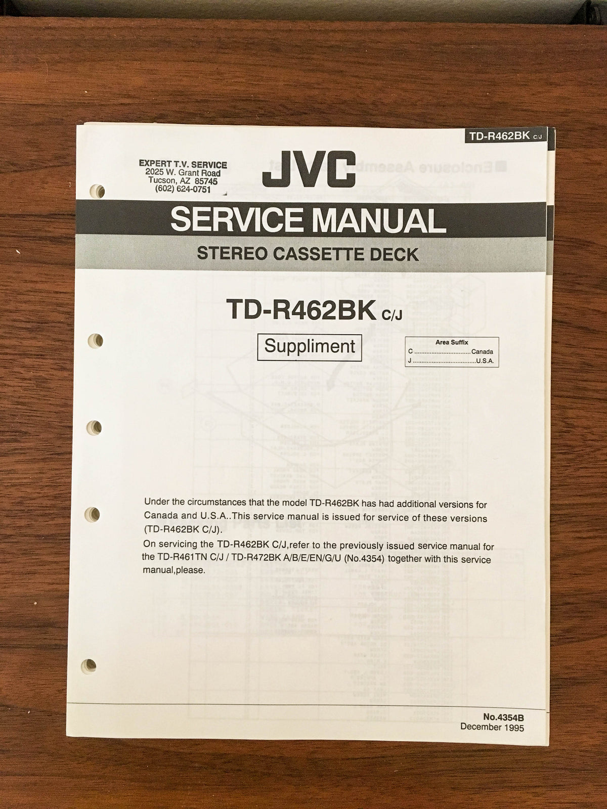 JVC TD-R462BK Cassette Service Manual Supplement *Original*