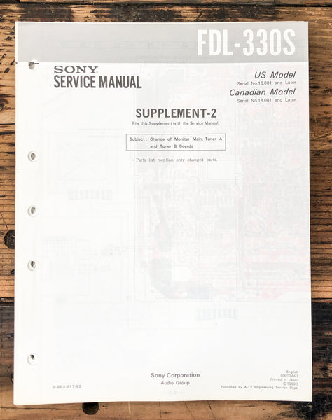 Sony FDL-330S TV Tuner Supp. Service Manual *Original* #2