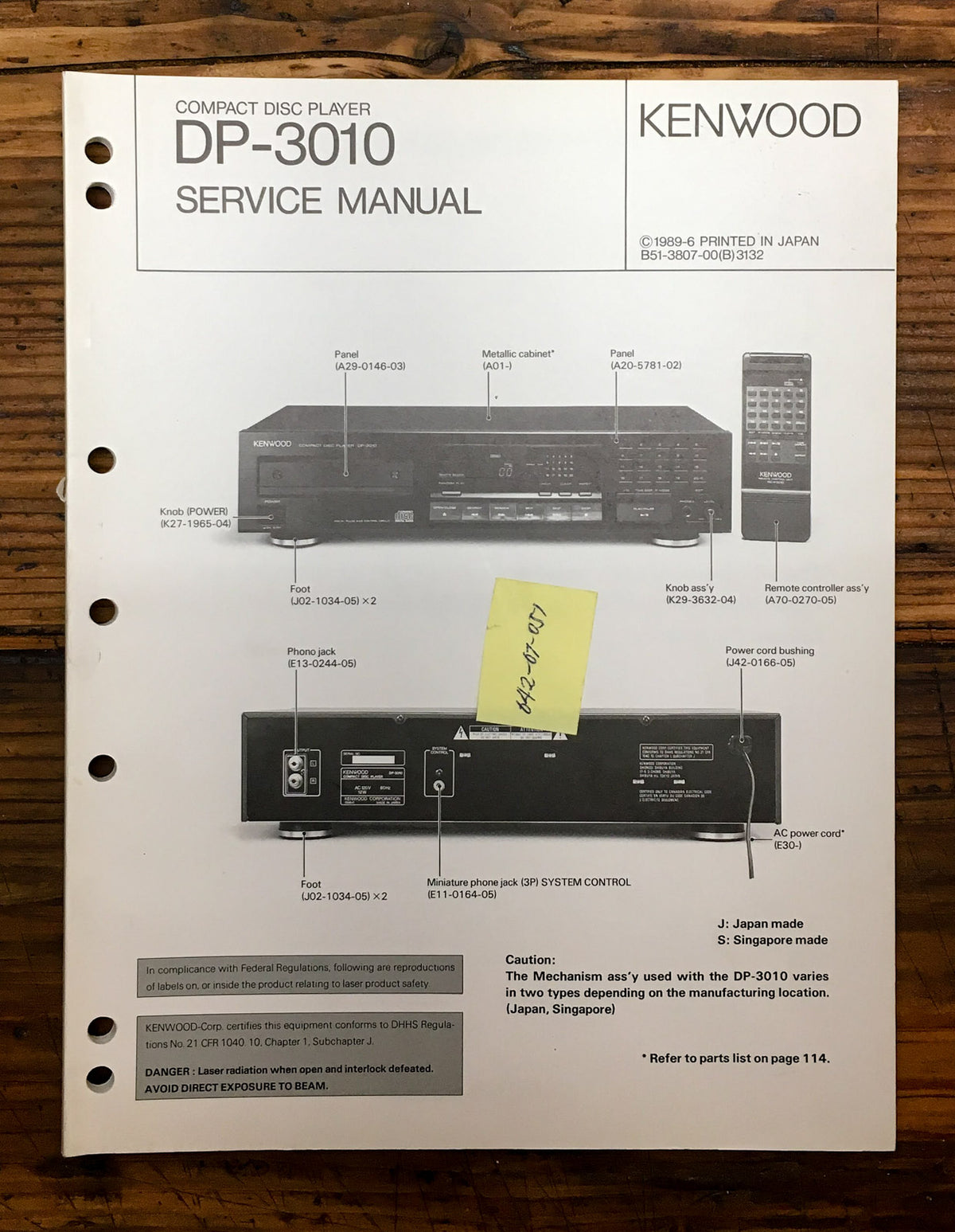 Kenwood DP-3010 Stereo  Service Manual *Original*