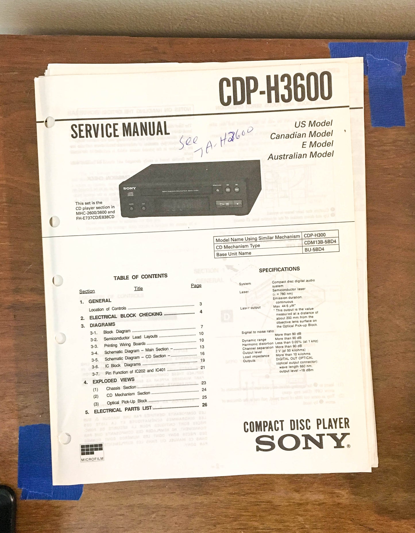 Sony CDP-H3600 CD Player Service Manual *Original*