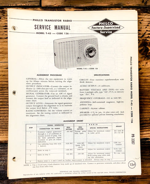 Philco Ford T-45 Code 126 Radio Service Manual *Original*