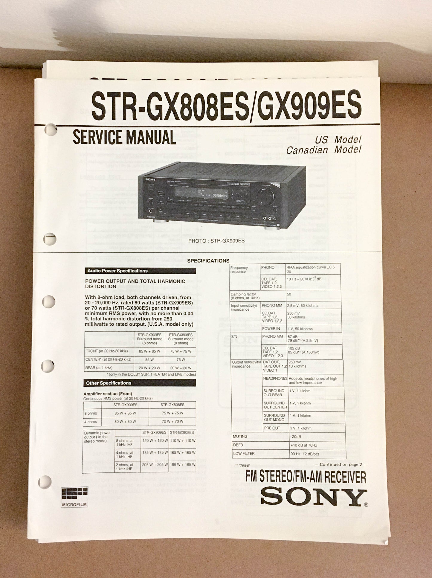 Sony STRGX808ES GX909ES Receiver  Service Manual *Original*