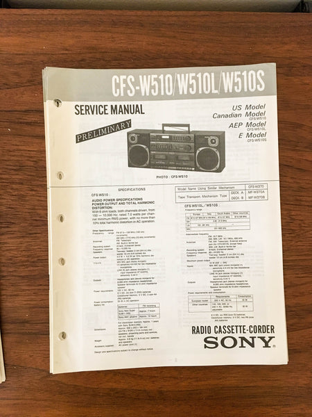 Sony CFS-W510 W510L W510S Boombox / Radio Service Manual *Original*