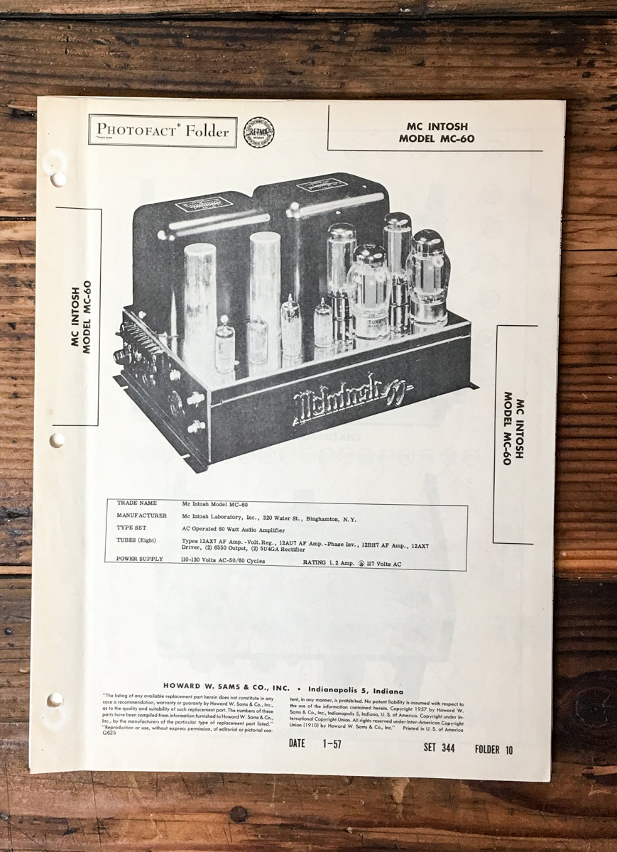 McIntosh MC-60 Amplifier Sams Photofact Service Manual *Original*