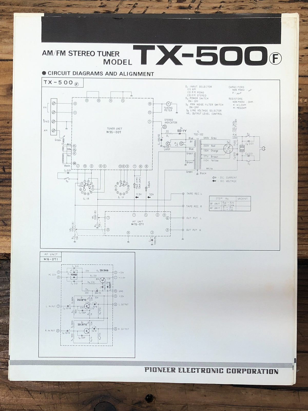 Pioneer TX-500 Tuner Foldout Service Manual *Original*