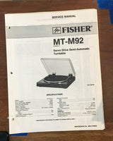 Fisher MT-M92 Record Player / Turntable Service Manual *Original*