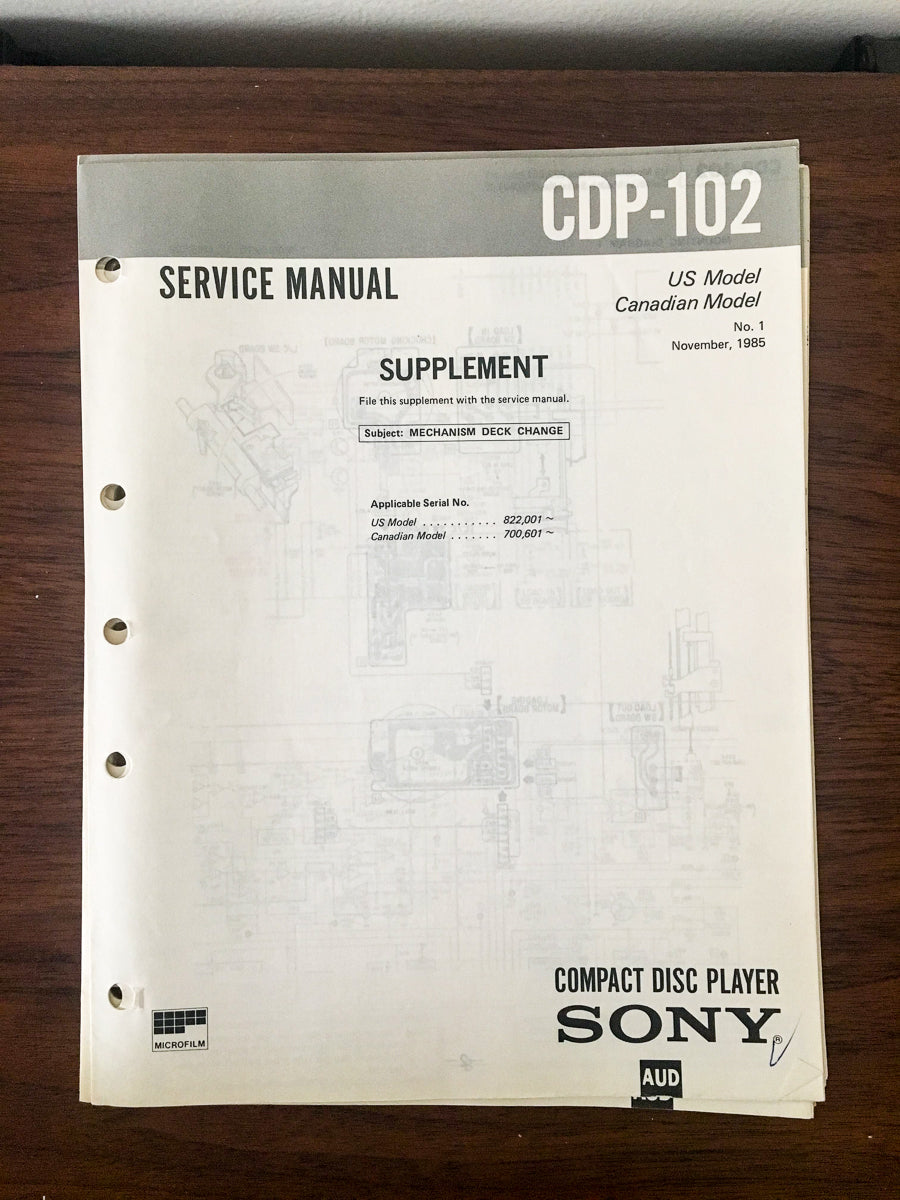 Sony CDP-102 CD Player  Service Manual Supplement *Original*
