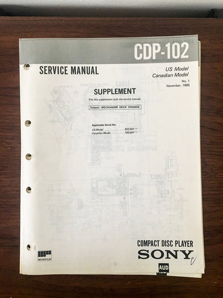 Sony CDP-102 CD Player Service Manual Supplement *Original*