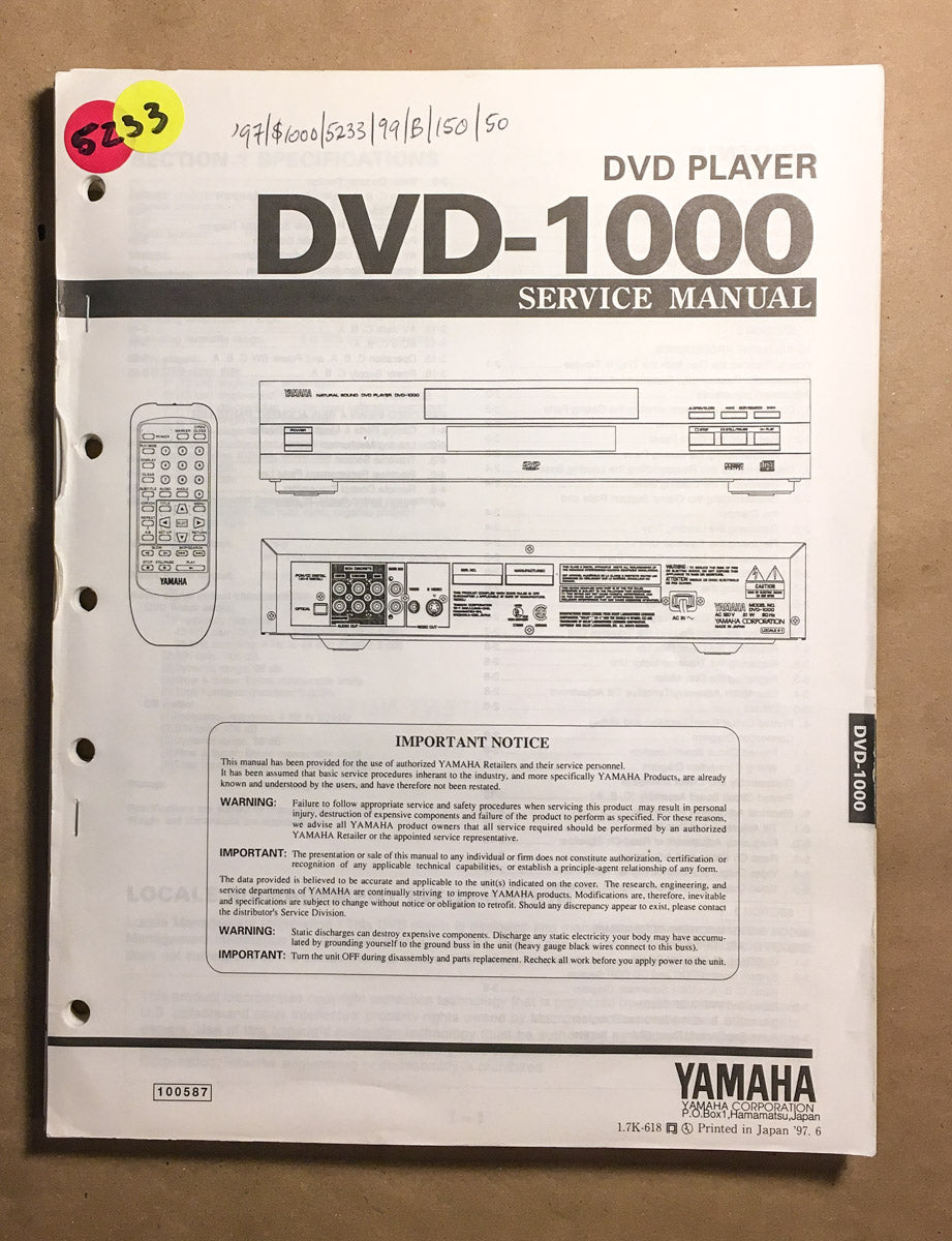 Yamaha DVD-1000 DVD Player  Service Manual *Original*