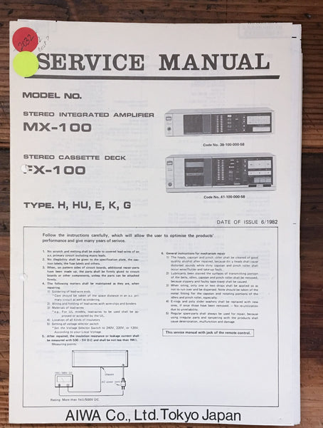 Aiwa MX-100 FX-100 Amplifier / Cassette  Service Manual *Original*