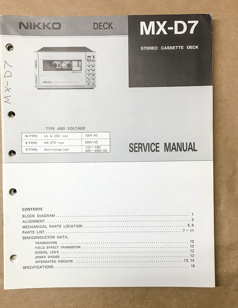 Nikko MX-D7 Cassette Service Manual *Original*