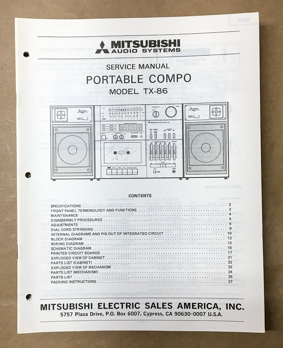 Mitsubishi TX-86 Portable Stereo Service Manual *Original*