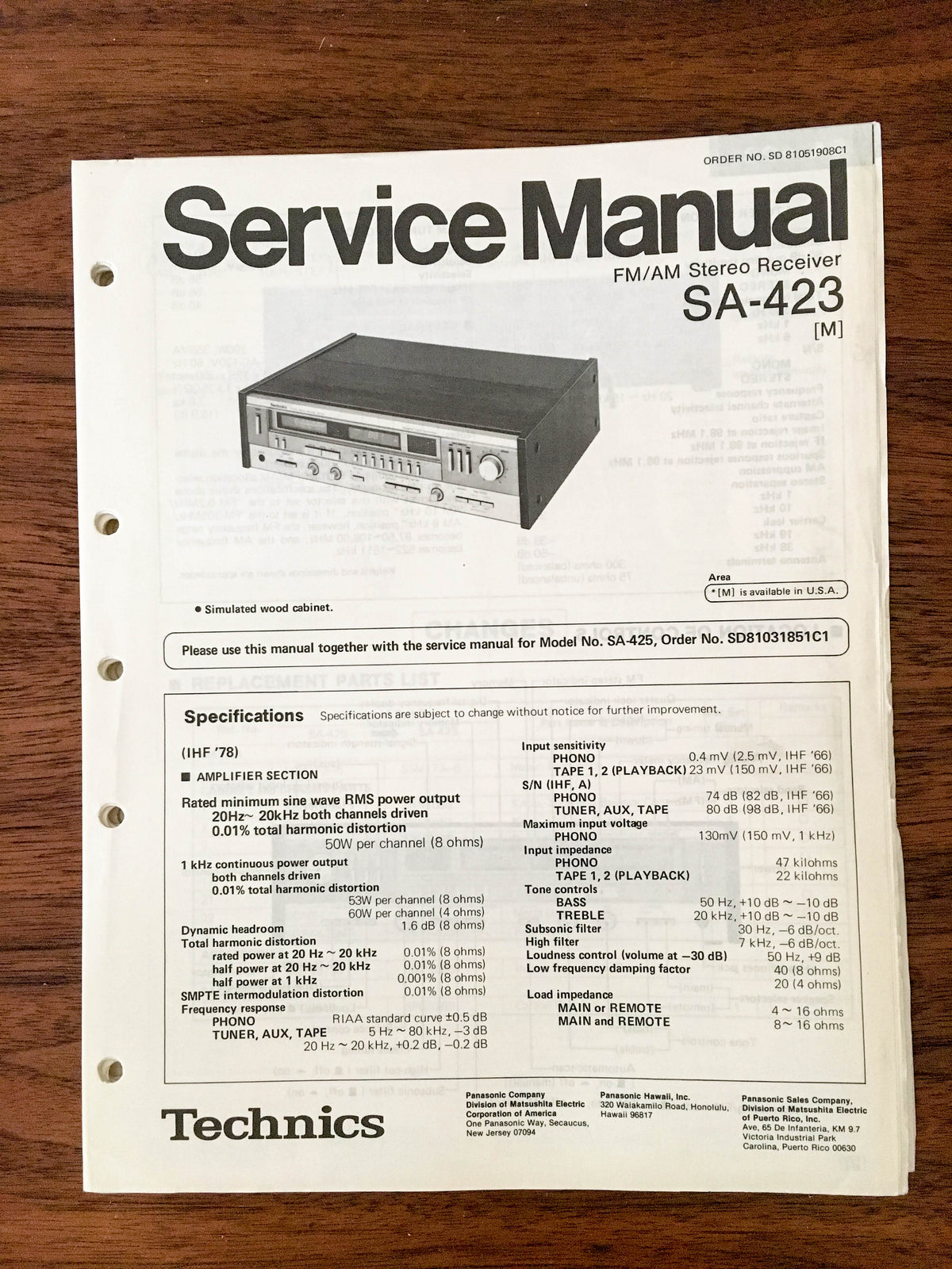 Technics SA-423 Receiver Service Manual *Original*