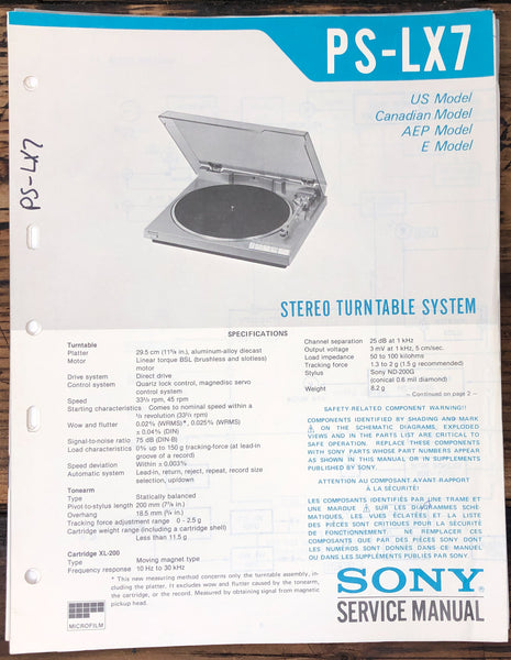 Sony PS-LX7 Record Player / Turntable  Service Manual *Original*