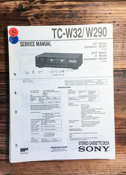 Sony TC-W32 TC-W290 Cassette Deck  Service Manual *Original*