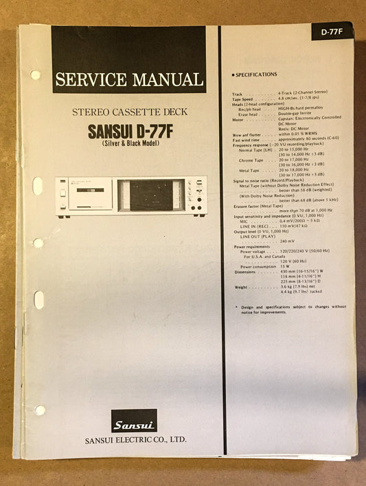 Sansui D-77F Cassette / Tape Player Service Manual *Original*