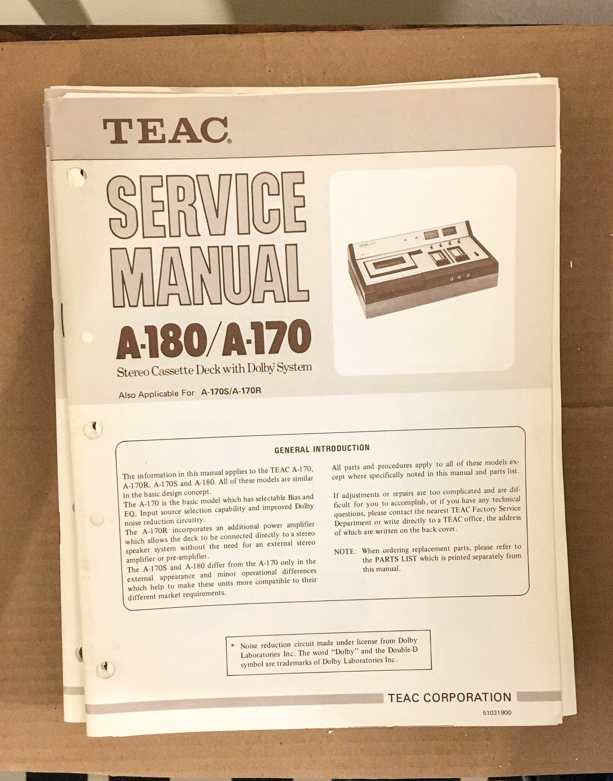Teac A-170 A-180 Tape Deck Service Manual *Original*