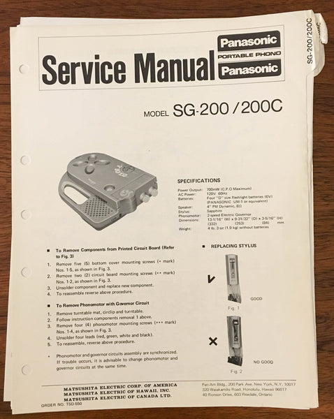 Panasonic SG-200 SG-200C PORTABLE PHONO Service Manual *Original*