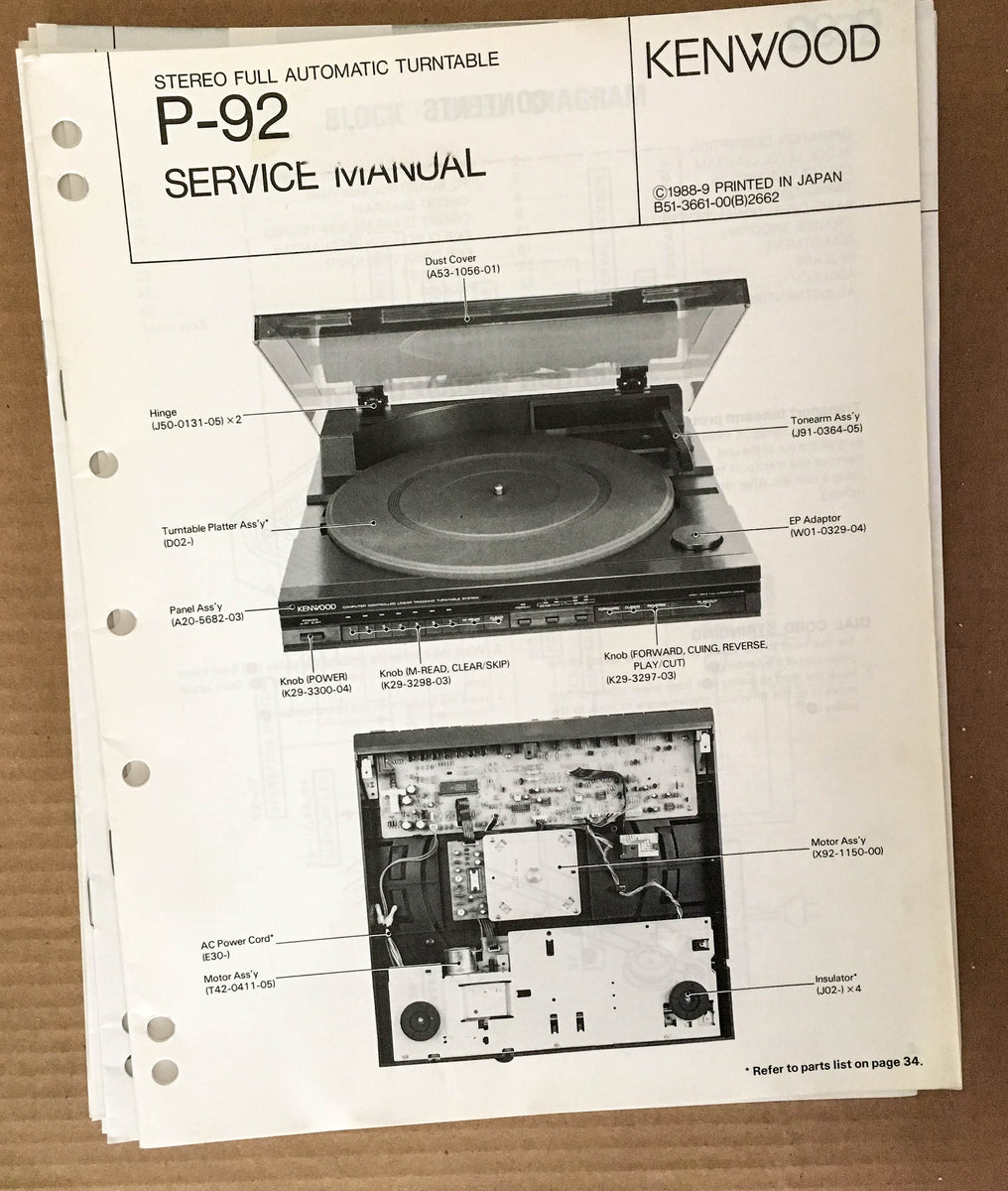 Kenwood P92 Record Player / Turntable Service Manual *Original* Vintage Audio Store Vintage