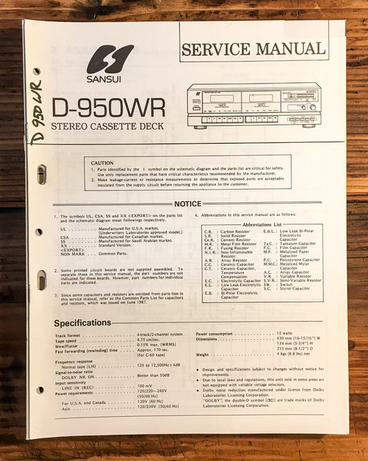 Sansui D-950WR Cassette  Service Manual *Original*