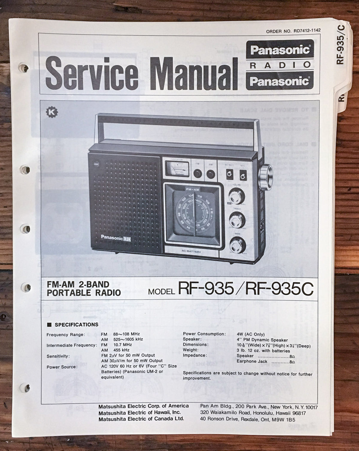 Panasonic RF-935 RF-935C Radio  Service Manual *Original*