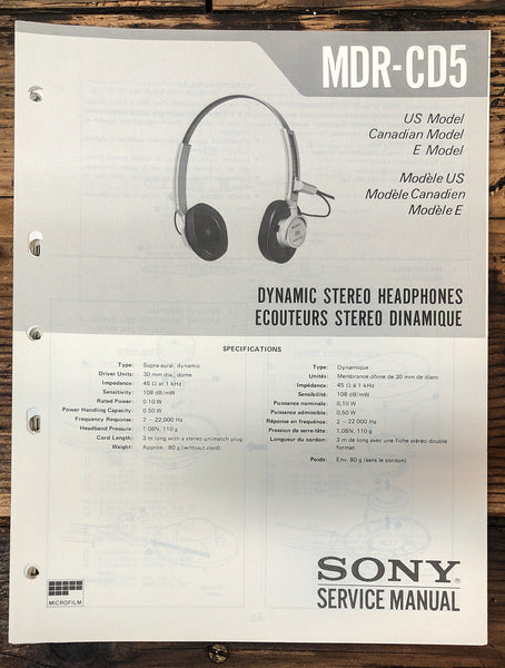 Sony MDR-CD5 Headphones  Service Manual *Original*