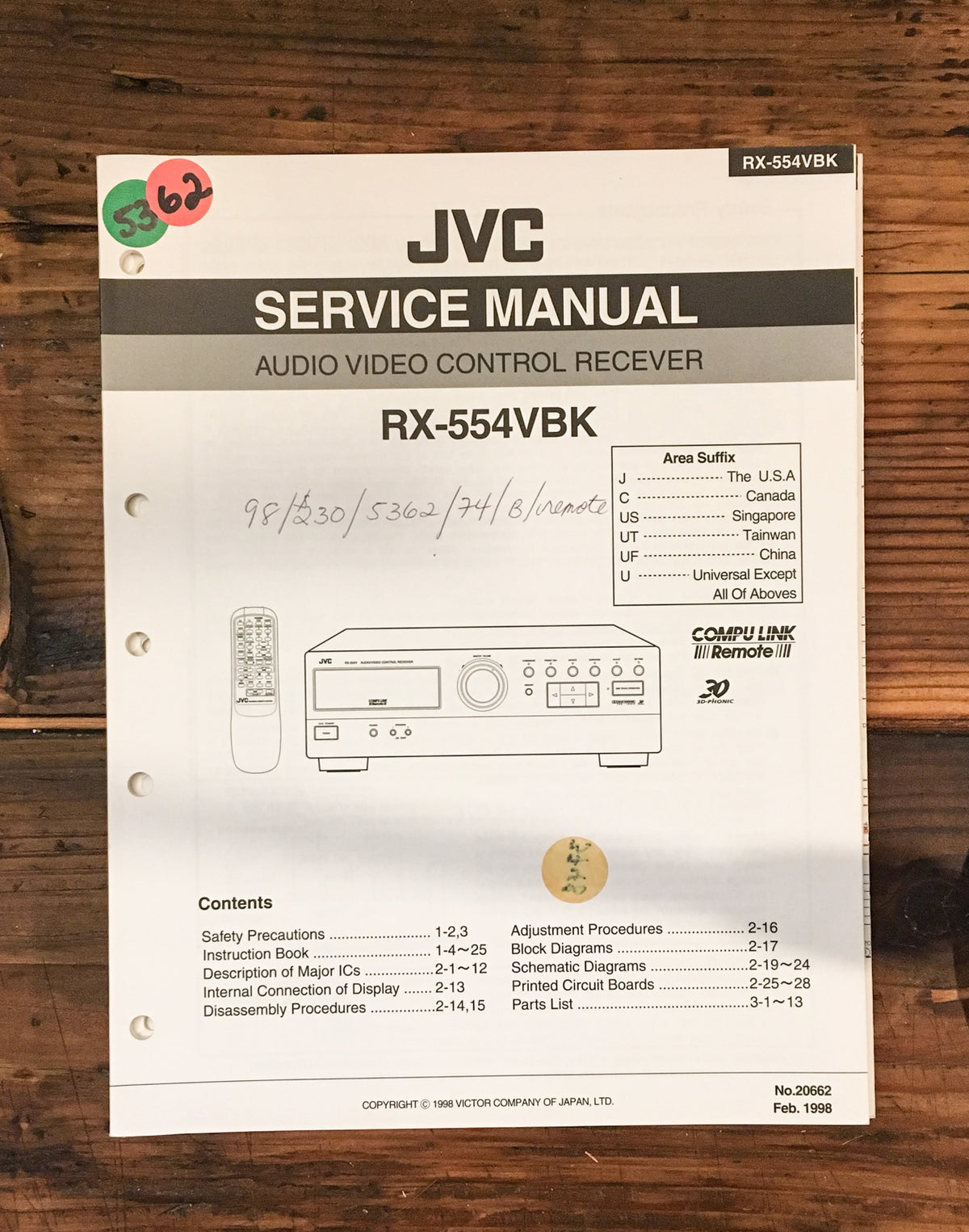 JVC RX-554VBK RX-554 VBK Receiver Service Manual *Original*