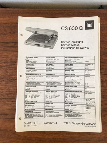 Dual CS 630Q 630 Q Turntable / Record Player Service Manual *Original*