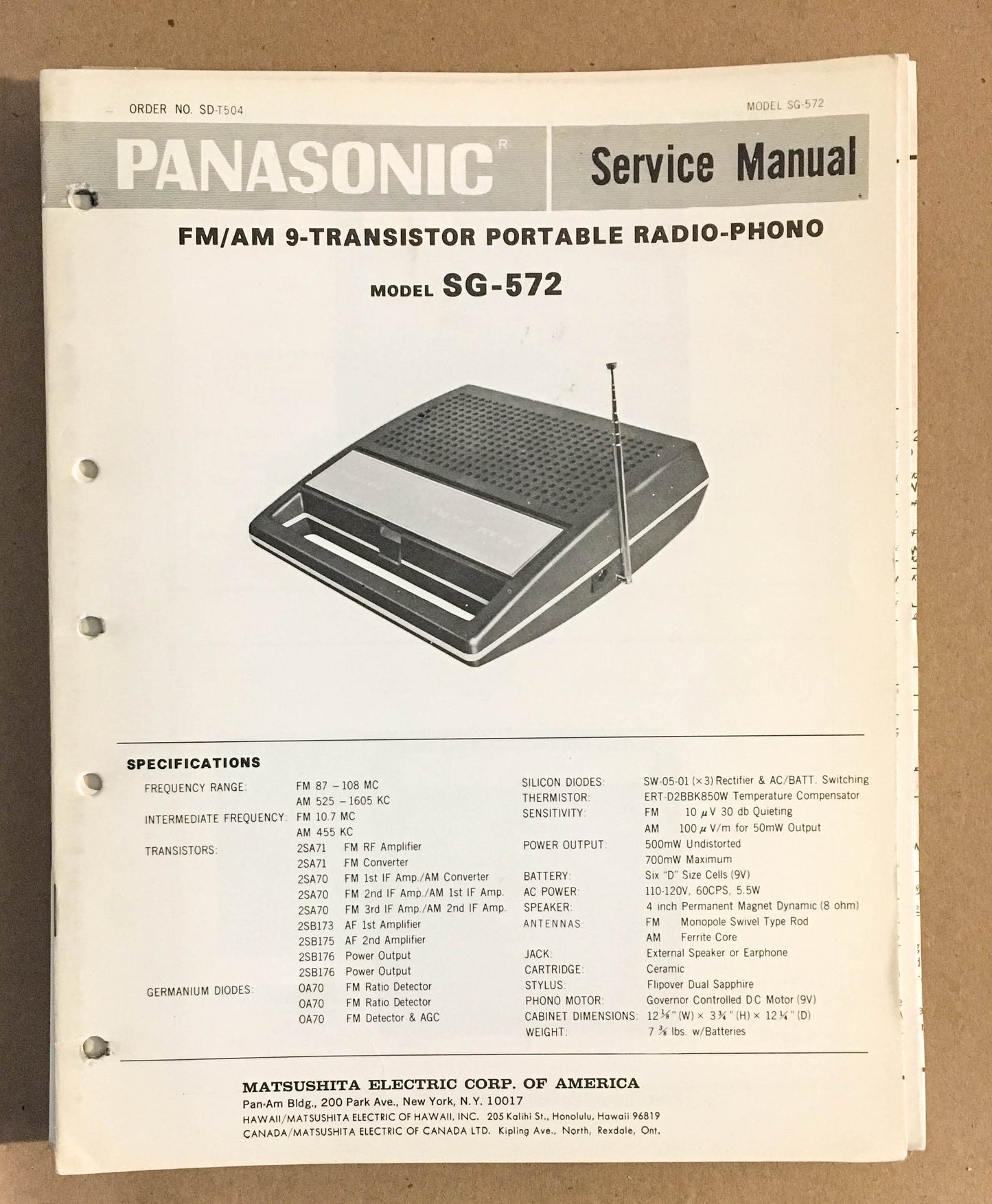 Panasonic SG-572 Radio / Record Player   Service Manual *Original*
