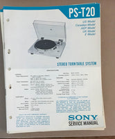 Sony PS-T20 Turntable Record Player  Service Manual *Original*