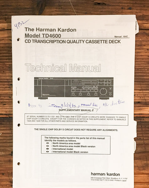 Harman Kardon TD4600 Cassette  Service Manual Supplement 2 *Original