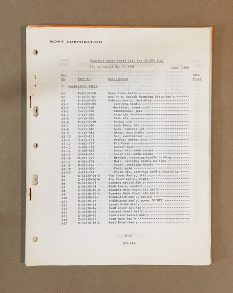 Sony TC-200 Tape Recorder Parts List Manual *Original*