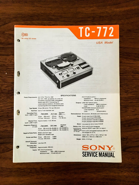 Sony TC-772 Reel to Reel Service Manual *Original*