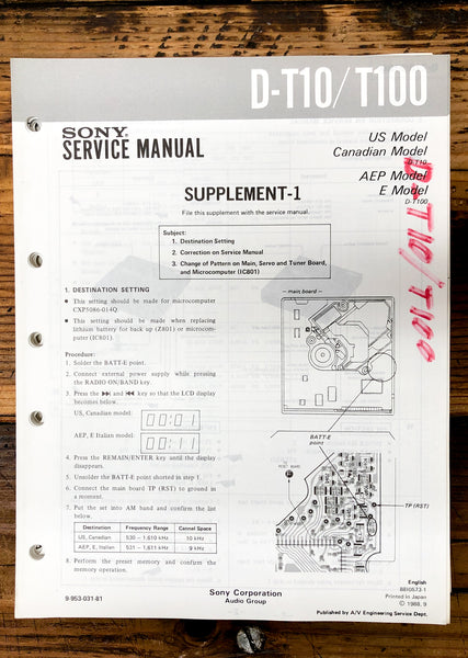 Sony D-T10 D-T100 CD Player / Discman Supp. Service Manual *Original*