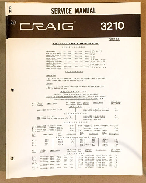 Craig Model 3210 8 Track Stereo Service Manual *Original*