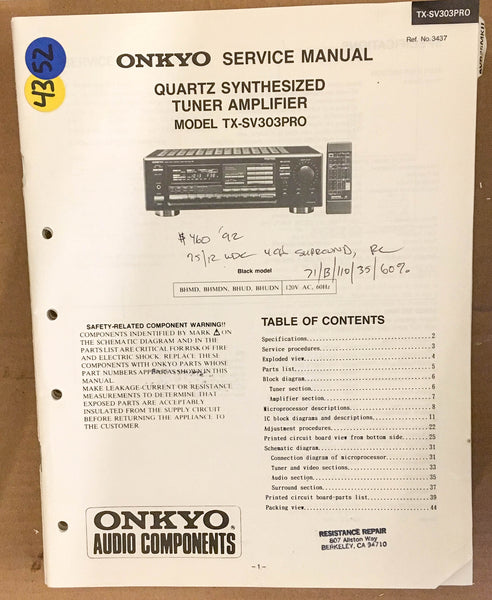 Onkyo TX-SV303PRO Tuner Amplifier Service Manual *Original*