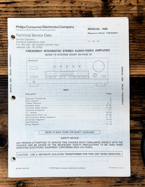 Magnavox FAB362 FAB-362 Amplifier  Service Manual *Original*