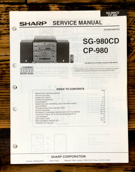 Sharp SG-980CD CP-980 Radio / Stereo System Service Manual *Original*